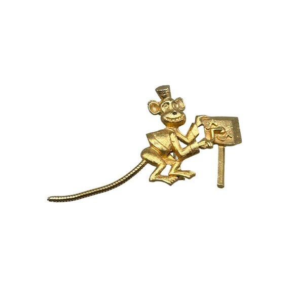 Vintage Monkey with Music Box Pin Brooch Gold Tone Fun Figural Jewelry - Picture 1 of 7